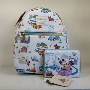 LOUNGEFLY SET DISNEY WORLD 50th ANNIVERSARY MINI BACKPACK & WALLET NWT